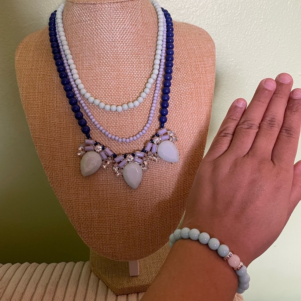 2 Piece Charming Charlie Blue and White Beaded Necklace and matching bracelet